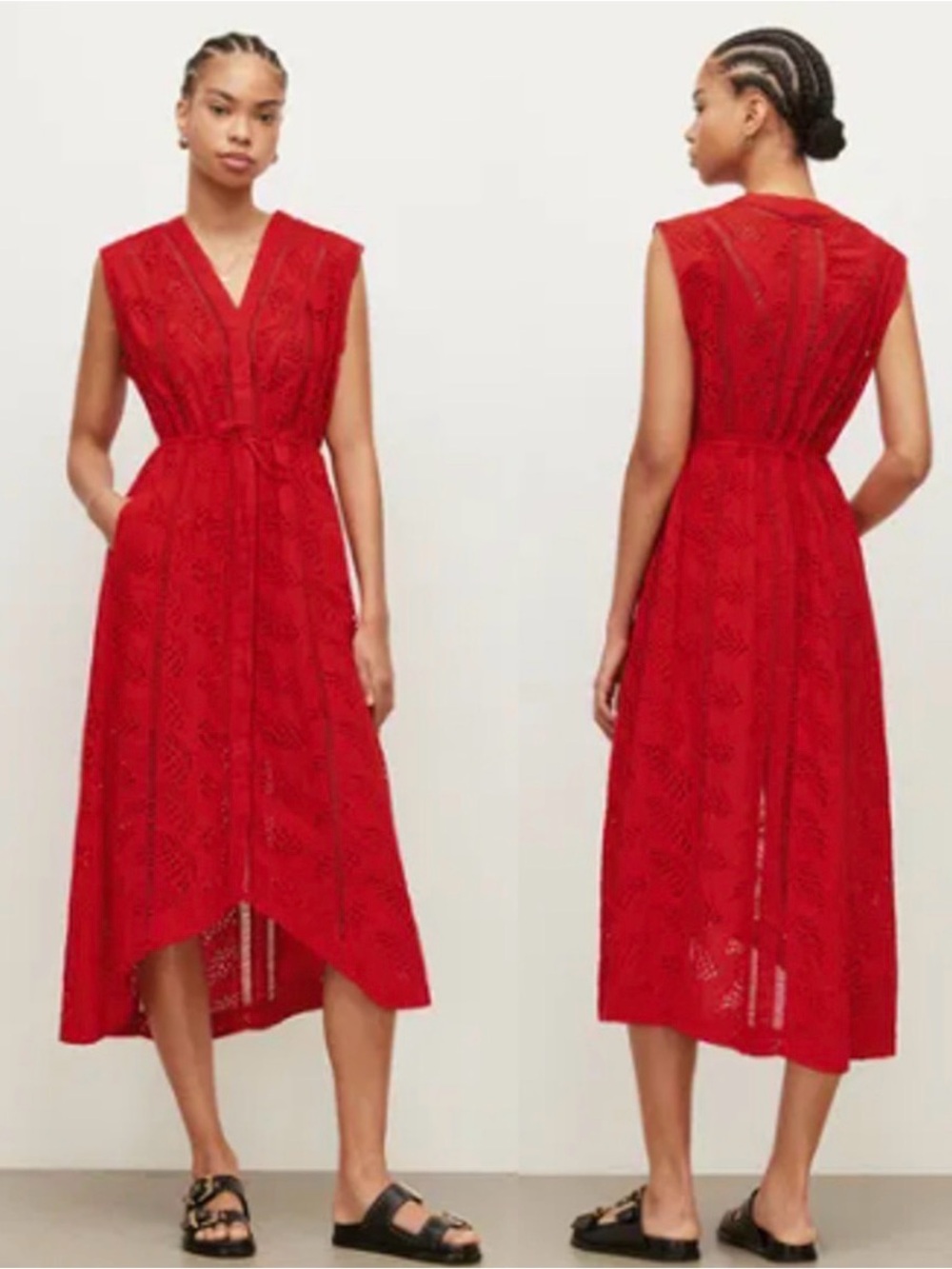 AllSaints Tate Broderie Red V-Neck Sleeveless Cotton Eyelet Dress Size 10 NWOT